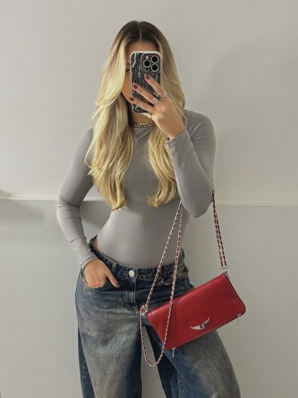 body cereza blusa gris para mujer, diseño manga larga de Lovely Tops